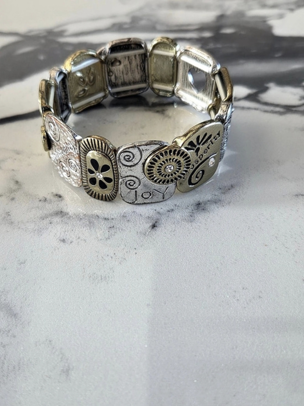 Inspirational Words Mixed-Metal Stretch Charm Bracelet Family Joy Serenity